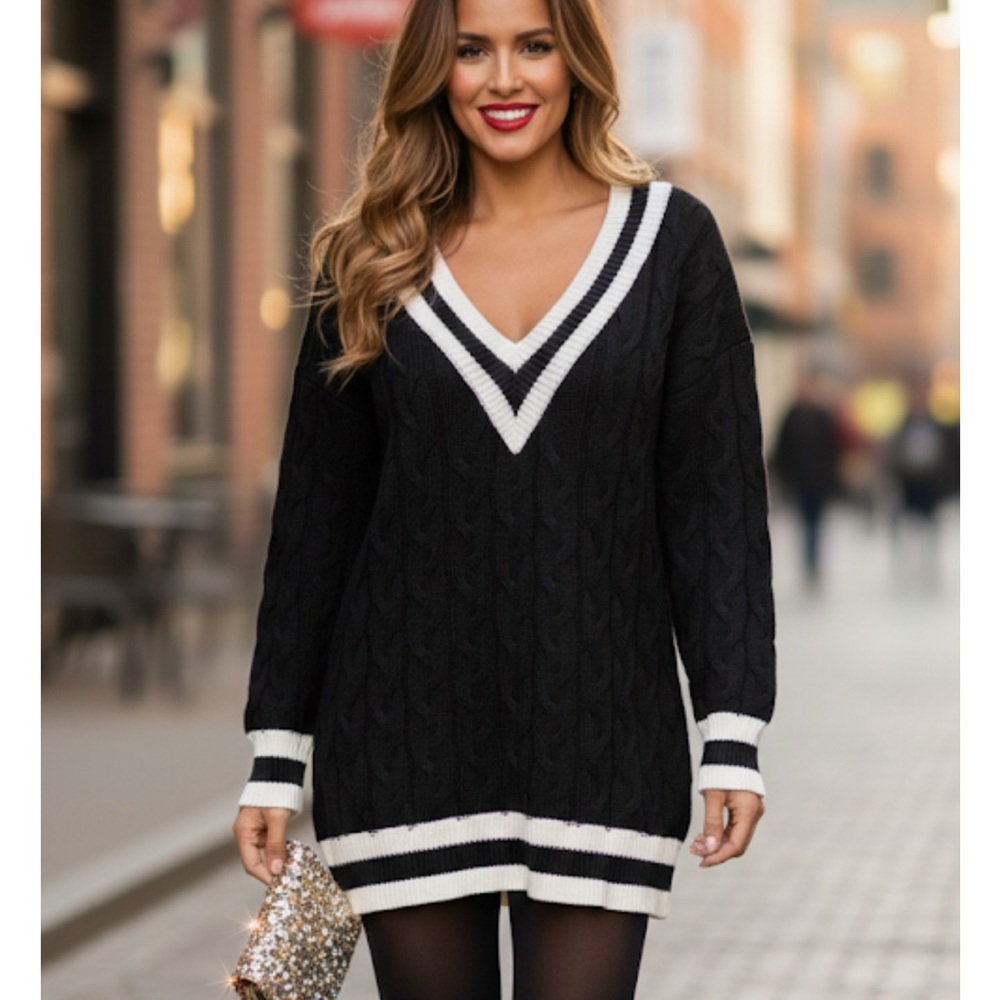 Forever 21 Black V-Neck Sweater with White Accents